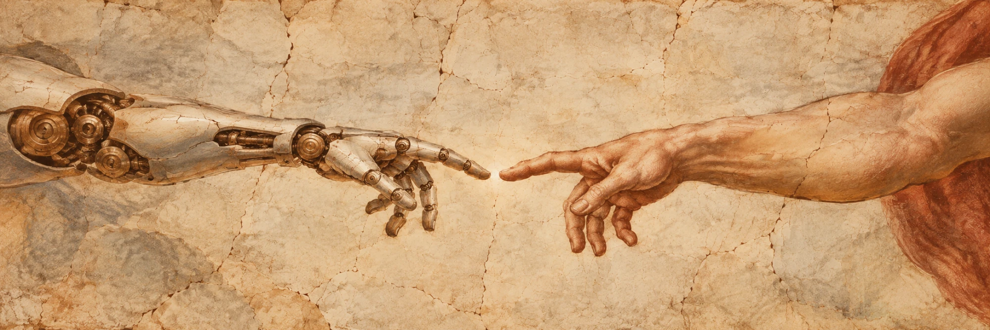 An AI hand and a human hand, index fingers almost touching, painted as a Renaissance fresco
